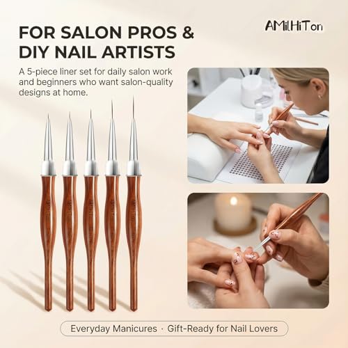 Wood Color 5PCS Nail Art Liner Brush Set - 5mm to 20mm Tips