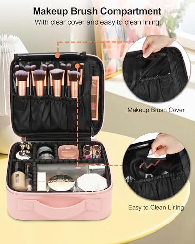 Pink Travel Makeup Organizer Case with Adjustable Dividers - Small