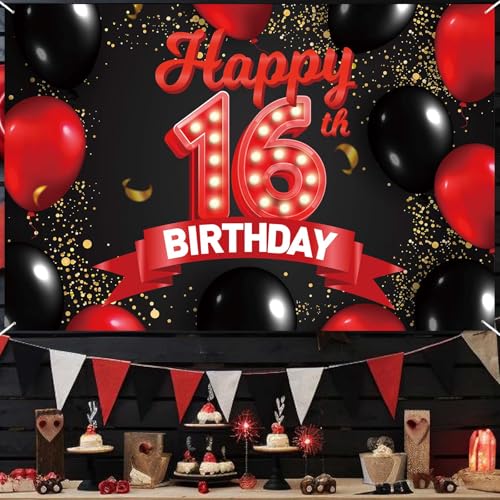 16th Birthday Red and Black Banner Backdrop - Girls Party Decor