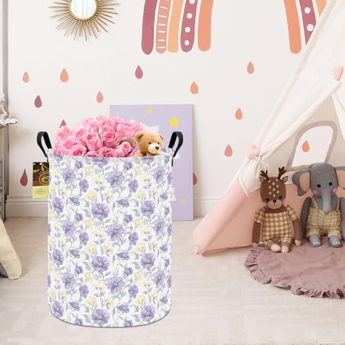 Collapsible Round Storage Basket with Handles - Purple Flower