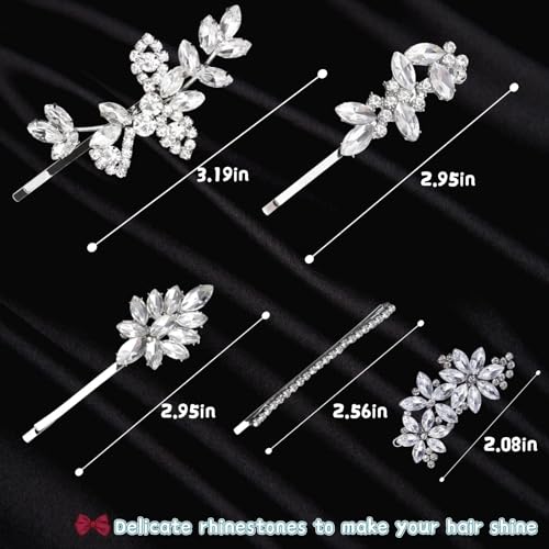 SHEHARUHI 10pcs Crystal Flower Bridal Hair Clips, Silver Rhinestone Barrette Set