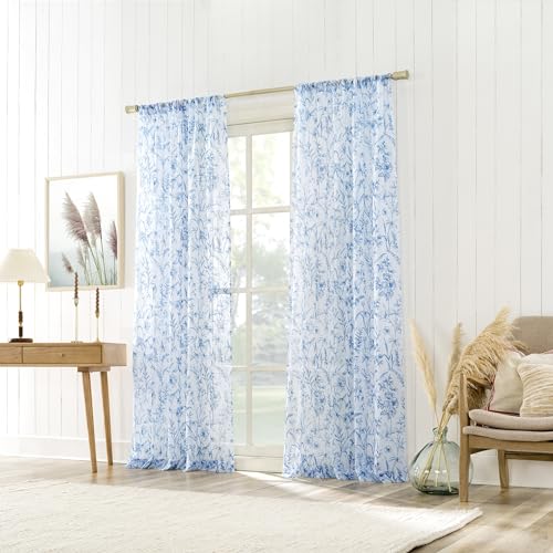 No. 918 Ambree Vintage Floral Sheer Curtain Panel - 51" x 63" Chinoiserie Blue