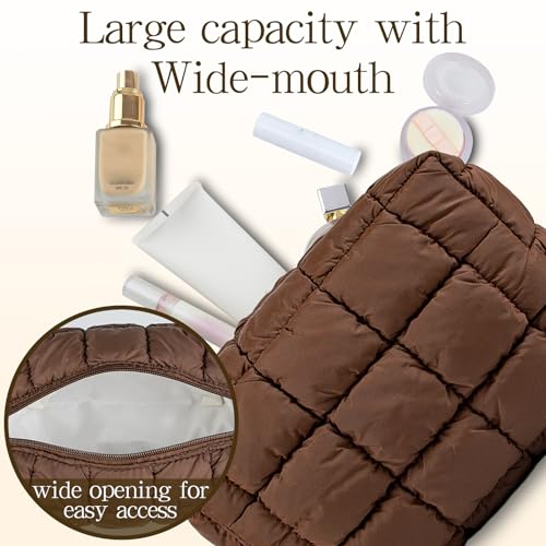 Coffee Puffy Quilted Makeup Bag - Water-Resistant Travel Organizer