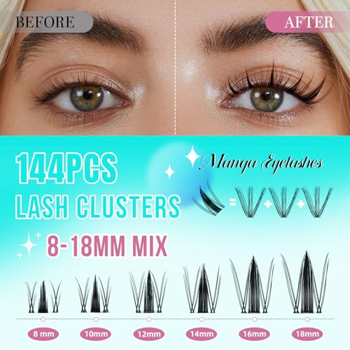 AMZGIRL Manga Lash Clusters with Spikes 144Pcs Maple Leaf- C-8-18mm, Anime Flutter Lashes