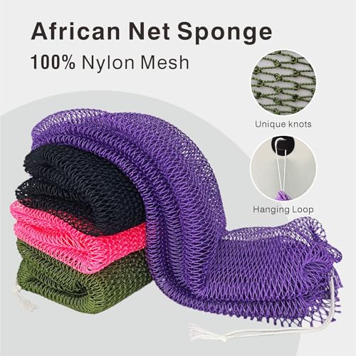 YUSAGO African Net Shower Loofah 2-Pack - Exfoliating Bath Sponge for Back & Body, Black & Green
