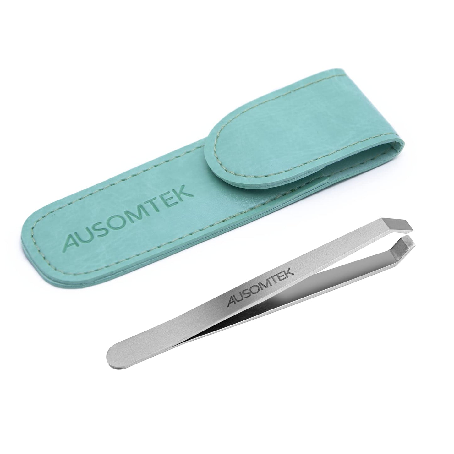 AUSOMTEK Beard Tweezers, White Hair Plucking, Fine Hair Removal, Eyebrows Shaping Tool, 5mm Tip, Stainless Steel, Cyan PU Case 1Pack