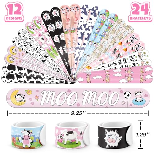 Cow Party Favors Set with 72 Temporary Tattoos & 24 Slap Bracelets for Kids, Farm Birthday & Classroom Rewards – Cow Variation