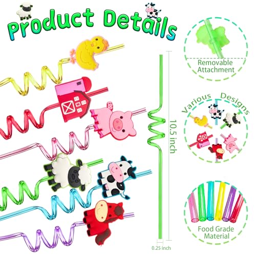 24 Reusable Farm Animal Drinking Straws with Fun Designs