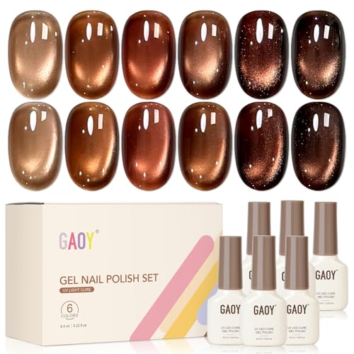 GAOY Cat Eye Gel Nail Polish Set - Sparkling Autumn, 6 Brown Glitter Colors