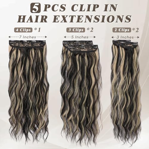 BARSDAR 20-Inch Wavy Clip-In Hair Extensions - Black & Blonde Highlights
