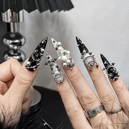 80 PCS Silver Alloy Nail Charms - 3D Goth Punk Rhinestones