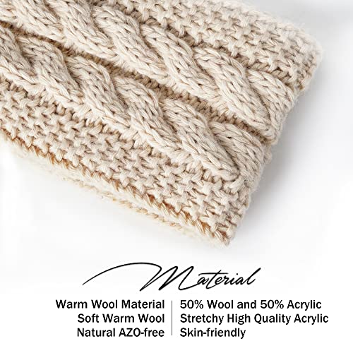 Winter Headbands for Women - Wool Ear Warmers (Black + Beige) - Thick & Fleece Lined