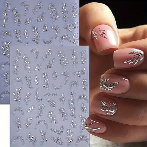 FRUZJAY Gold Silver Leaf Nail Art Stickers 2 Sheets 5D Embossed Leaves for Manicure