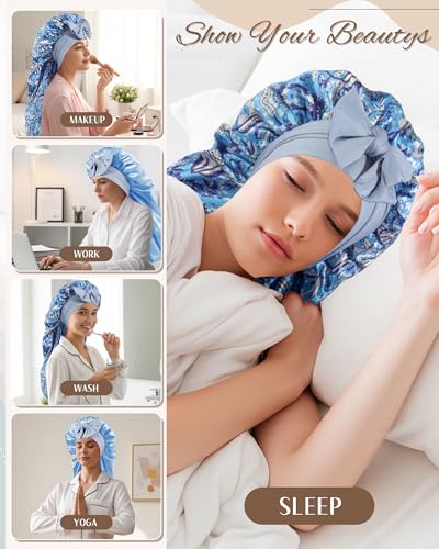 Awaytr Reversible Satin Hair Bonnet for Braids Sleeping Women Blue Ethnic Floral