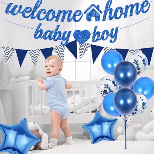 Welcome Home Baby Boy Decoration Set - 22 Pcs Blue Banners & Balloons