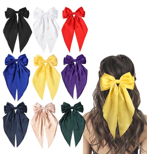 Large Satin Bow Hair Clips with Long Tails, 9-Piece Colorful Set