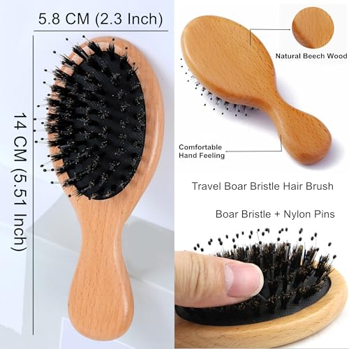SINIDE Mini Boar Bristle Hair Brush Set - Portable Detangling Travel Comb