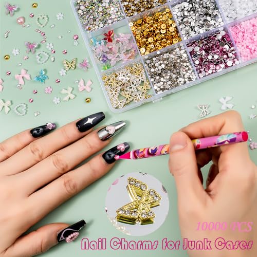 10000pcs Nail Charms Kit - 3D Bow, Heart, Flower Gems & Rhinestones