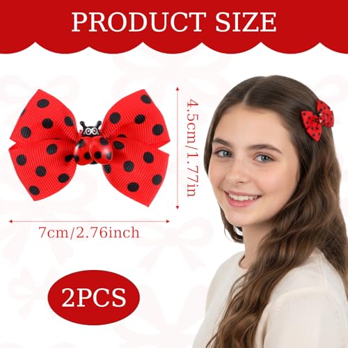 Ladybug Hair Clips for Girls - Red Polka Dot Bow Barrettes (2 Pcs)