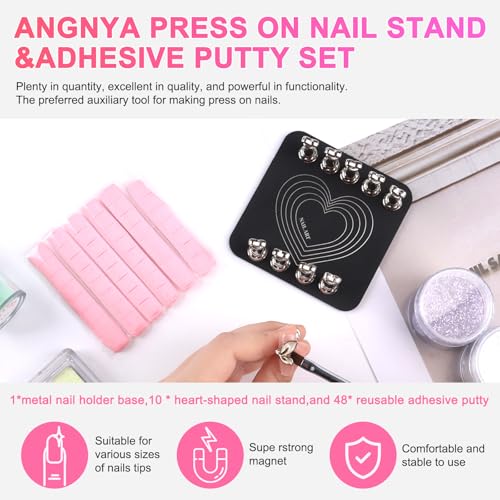 ANGNYA Grey Magnetic Nail Stand for Press-Ons, Reusable 10-Peg Display Holder with Mounting Tapes