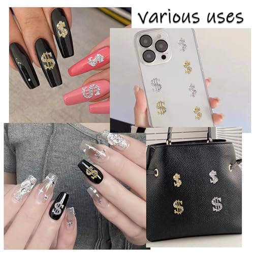 Dollar Sign Nail Charms 20pcs Silver & Gold 3D Rhinestone Nail Art Decorations