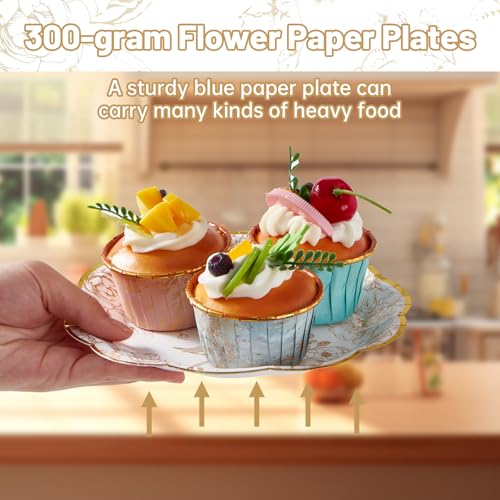 50 Pcs Gold Floral Paper Plates - 7 Inch Disposable Dessert Plates for Weddings & Parties