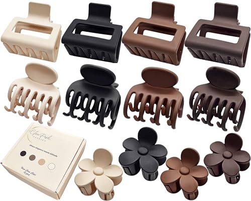 Clawposh 12-Pack Small Hair Clips for Women - Neutral Matte Mini Claw Clips for Thin & Short Hair, Rectangle & Flower Styles, 1.5-2 Inch, Variation Khaki Beige Brown Black