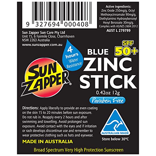 Sun Zapper Zinc Oxide Sunscreen Stick SPF 50+ Blue - 12g Mineral Sunblock