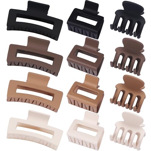 SMKSL 12 Pcs Hair Clips for Women 3 Styles Small Medium Large Claw Clips for Thin Thick Curly Hair, Strong Hold & Non-Slip Hair Clips, Stylish Matte Hair Accessories Ideal Gifts for Women (Brown)