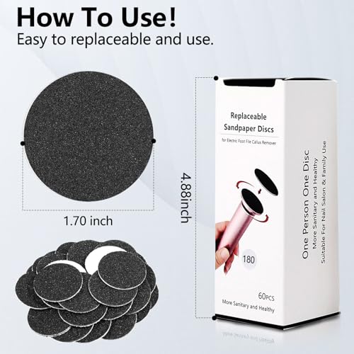 ZABOUL Fine 180 Grit Replaceable Sandpaper Discs for Electric Foot File, 60 Pack