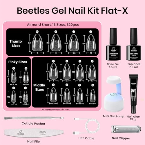 Beetles Gel Nail Kit - Flat-X Almond Short, 320pcs with Glue & Mini Lamp