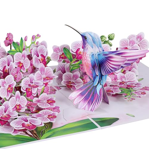 3D Hummingbird Pop-Up Birthday Card for Women - Purple Orchid Design