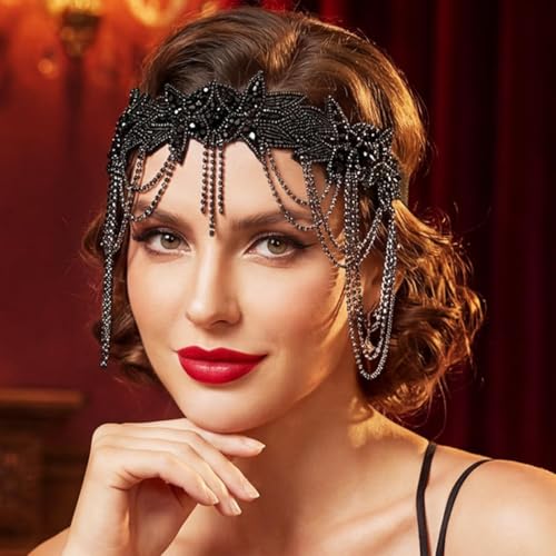 GORTIN 1920s Flapper Headpiece - Black Rhinestone Headband (1 Count)