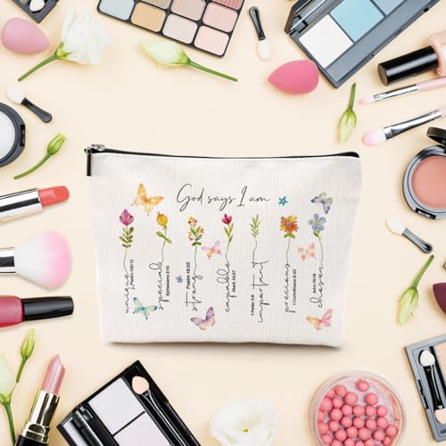God Says I Am-02 Christian Makeup Bag Bible Verse Floral Butterfly Gift for Women