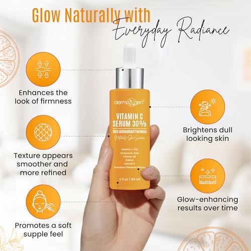 DERMAXGEN 30% Organic Vitamin C Serum for Face – 2 Fl Oz Anti-Aging Moisturizer with Hyaluronic Acid & Vitamin E