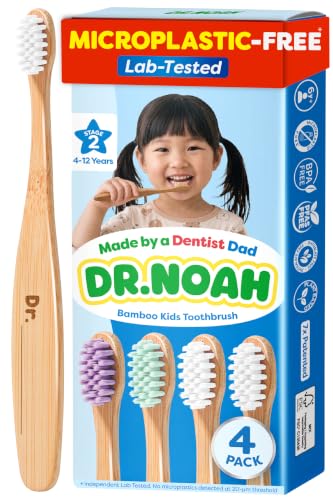 Dr. Noah Stage 2 4-Pack Bamboo Kids Toothbrushes – 4+ Dentist-Designed, Microplastic-Free