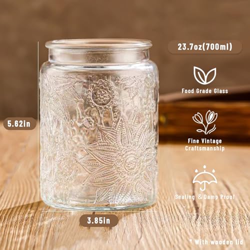 Vintage Glass Storage Jars with Wooden Lids - 24 oz Airtight Containers