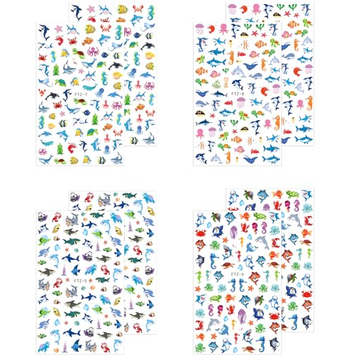 FUMIHIT Ocean Animals 8 Sheets Shark Nail Art Stickers 3D Self-Adhesive Decals