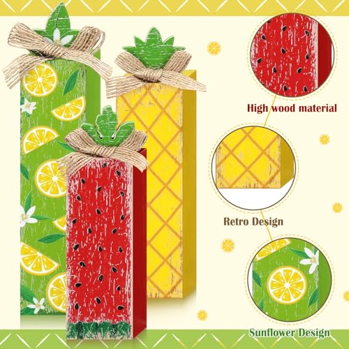 Summer Fruit Table Decor Set - 3 Rustic Wood Blocks for Kitchen