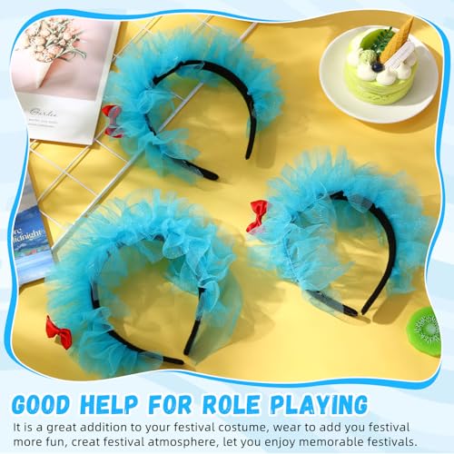 3 Pieces Blue Fuzzy Tulle Headband for Women, Soft Bow Costume Hair Accessory