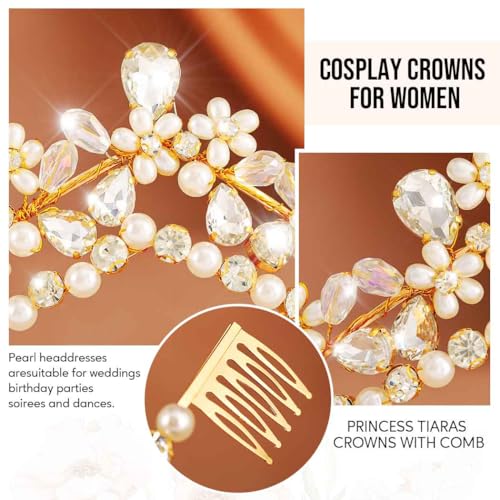 Yean Gold Crystal Wedding Tiara with Pearls and Flowers for Bridal Hair Accessories