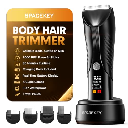 Spacekey IPX7 Waterproof Body Hair Trimmer for Men - USB-C Rechargeable Groomer with LED Light & Travel Bag