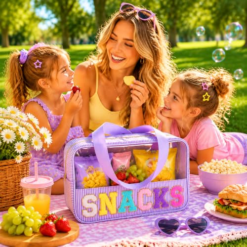 Travel Snack Bag for Women with Chenille Letter - Reusable Seersucker Organizer