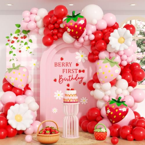 Strawberry Balloon Arch Kit - 121pcs Red, Pink & White Balloons
