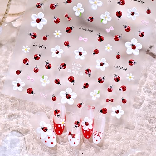 5D Floral Ladybug Nail Art Stickers - Embossed Decals for Women