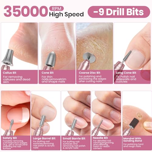 Hoxida Cordless Nail Drill 35000RPM - Rechargeable Electric Nail File, Rose Gold