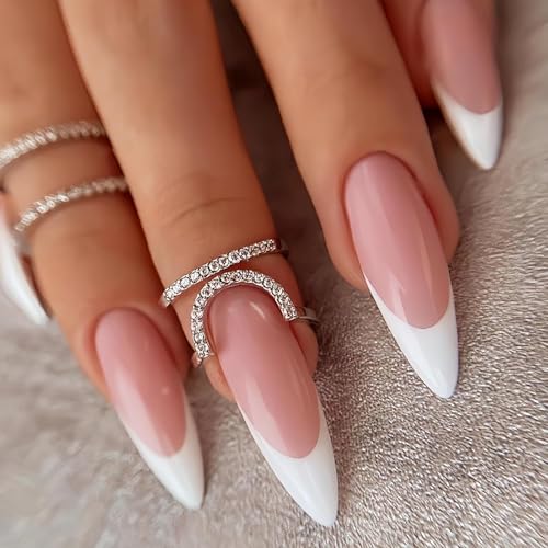 IMRAIN White French Tip Press On Nails - Long Stiletto Acrylic 24 Pcs