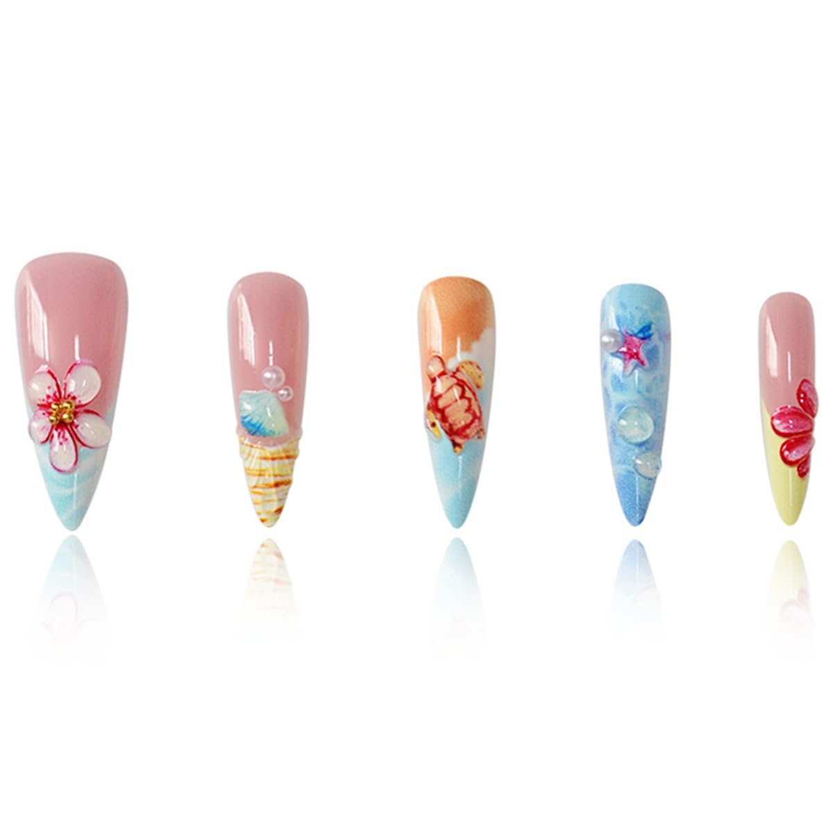 24Pcs Summer Beach Press on Nails Long Stiletto False Nails 3D Ocean Seashell Turtle Starfish with Colorful Flower Design Cute Fake Nails Tropical Vacations Glue on Nail for Women Acrylic DIY
