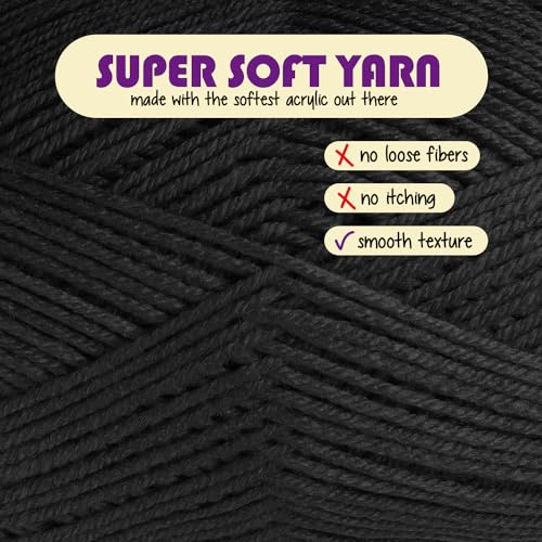 Soft Acrylic Yarn for Crocheting & Knitting - 370 Yards, Black