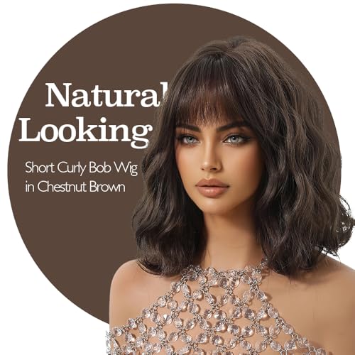 Macodio Style 6 Wavy Bob Wig with Bangs – 12 Inch Dark Brown Curly Synthetic Hair